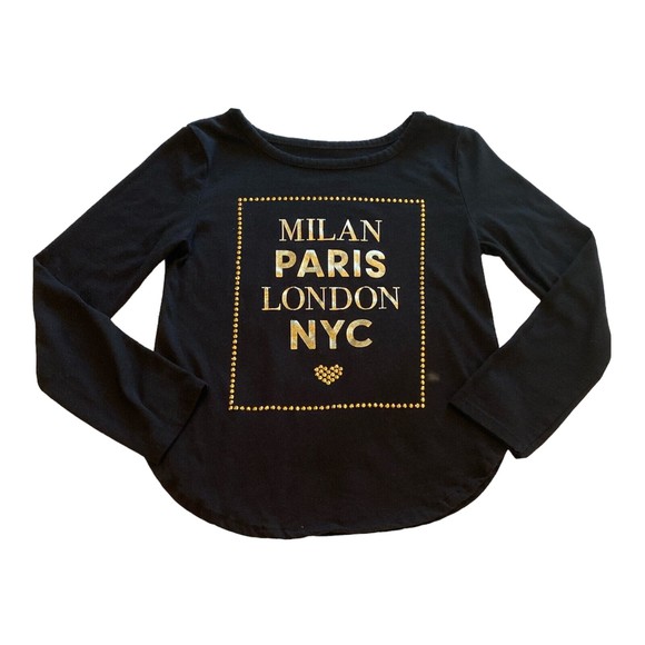 Childrens Place Girls Metallic Gold Lettered Studded Black Top Size Small - Picture 1 of 6